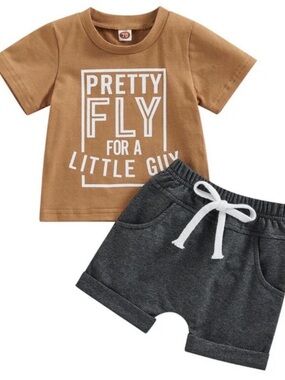 Pretty Fly Little Guy Tee & Shorts Set - Brown & Charcoal